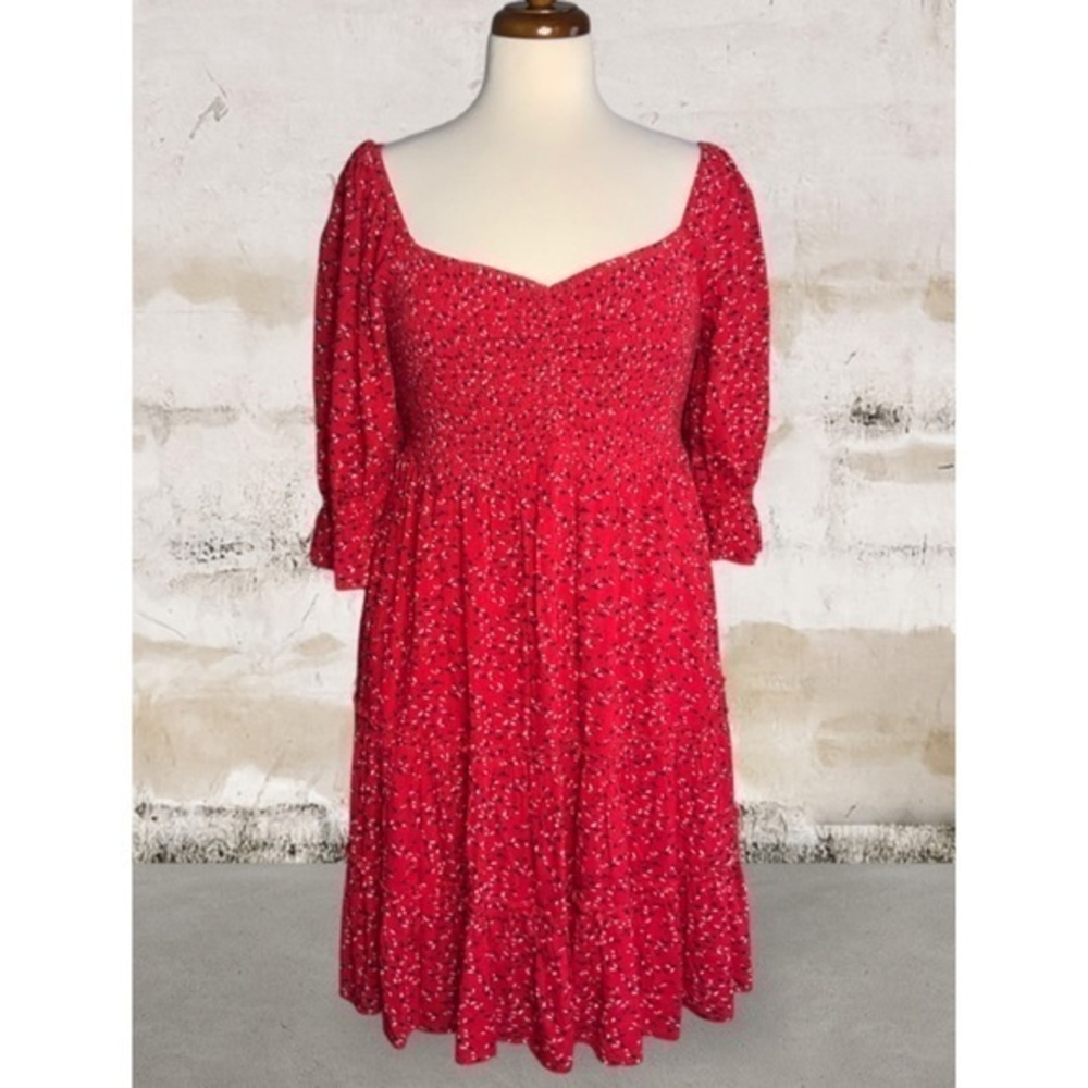 White Birch Red Floral Shirred Sweetheart Square Neck Puff Sleeves Short Dress S